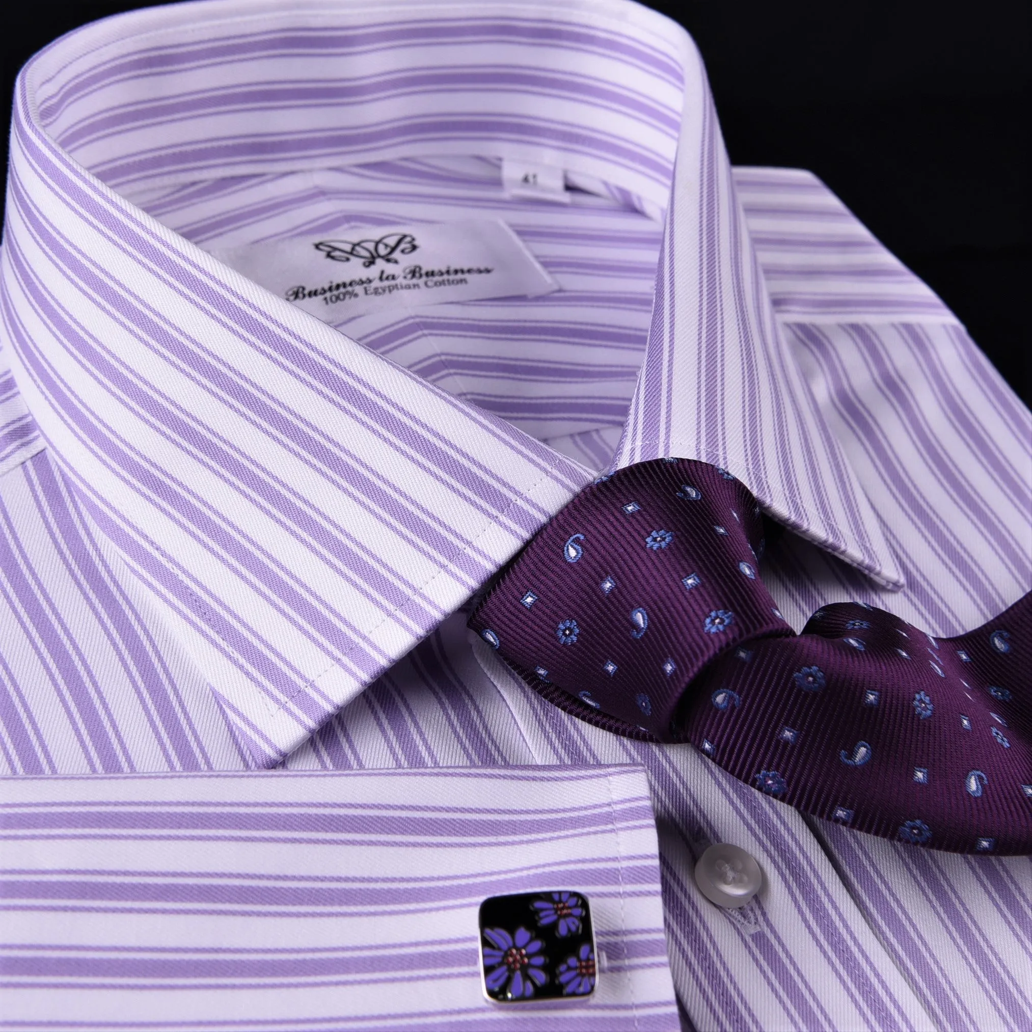 Purple Dual Striped Men's Twill Formal Dress Shirt Luxury Business Boss Fashion in French Cuff with Spread Collar