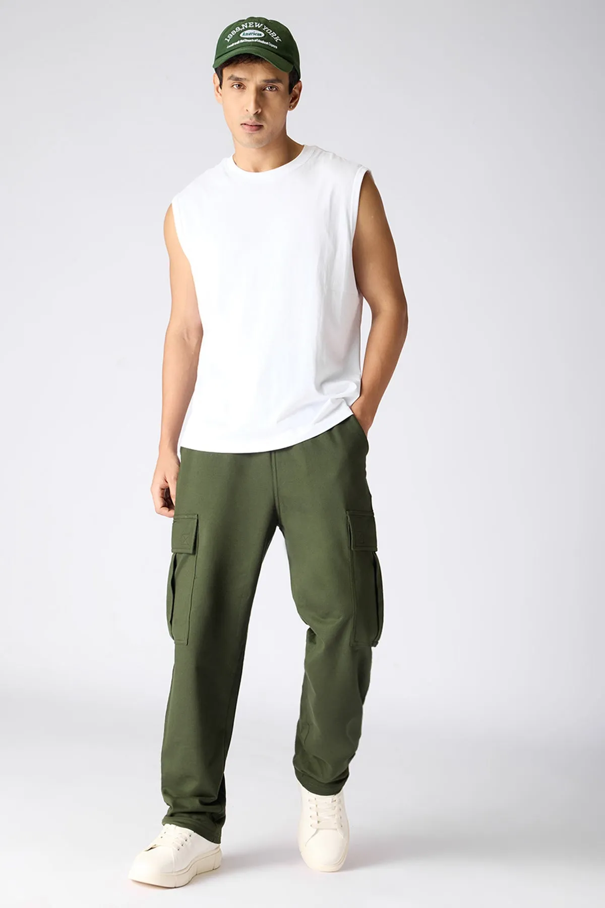 Relaxed Fit Cotton Knitted Men's Jogger Cargos - Bottle Green