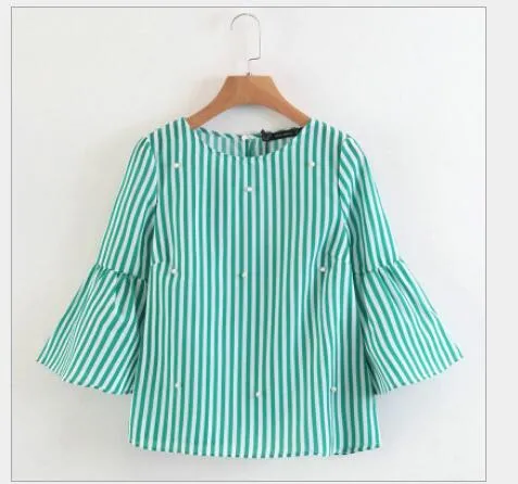 SALE! Pearls beading striped shirts with flare sleeves (US 2-14)