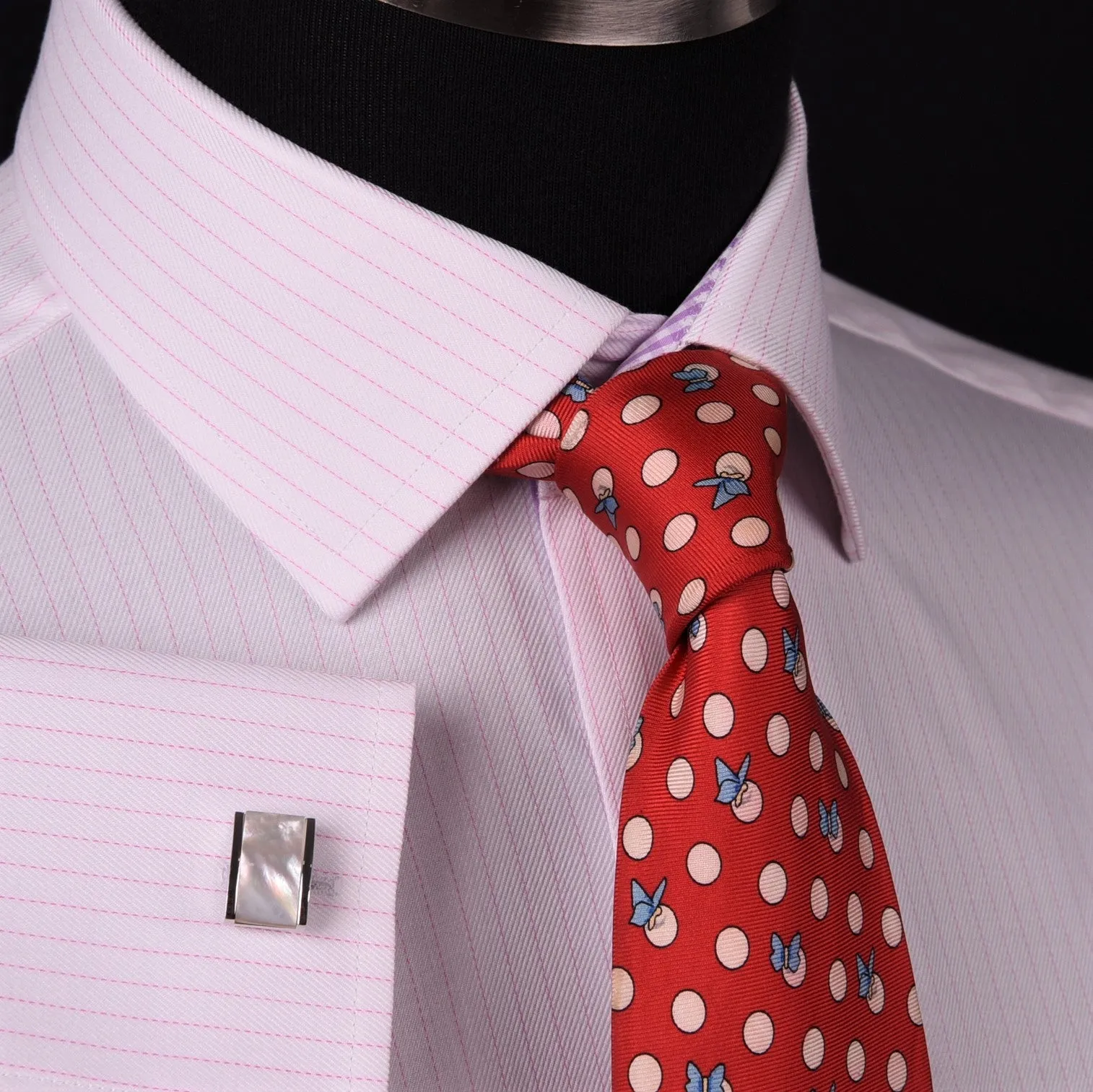 Sexy Pink Stripe Men's Twill Luxury Dress Shirt Business Formal Plaids & Checks in French Cuff with Spread Collar