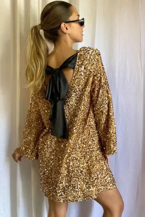 Sparkly Sequin Bow Tie Long Sleeve Oversized Velvet Party Mini Dress - Gold