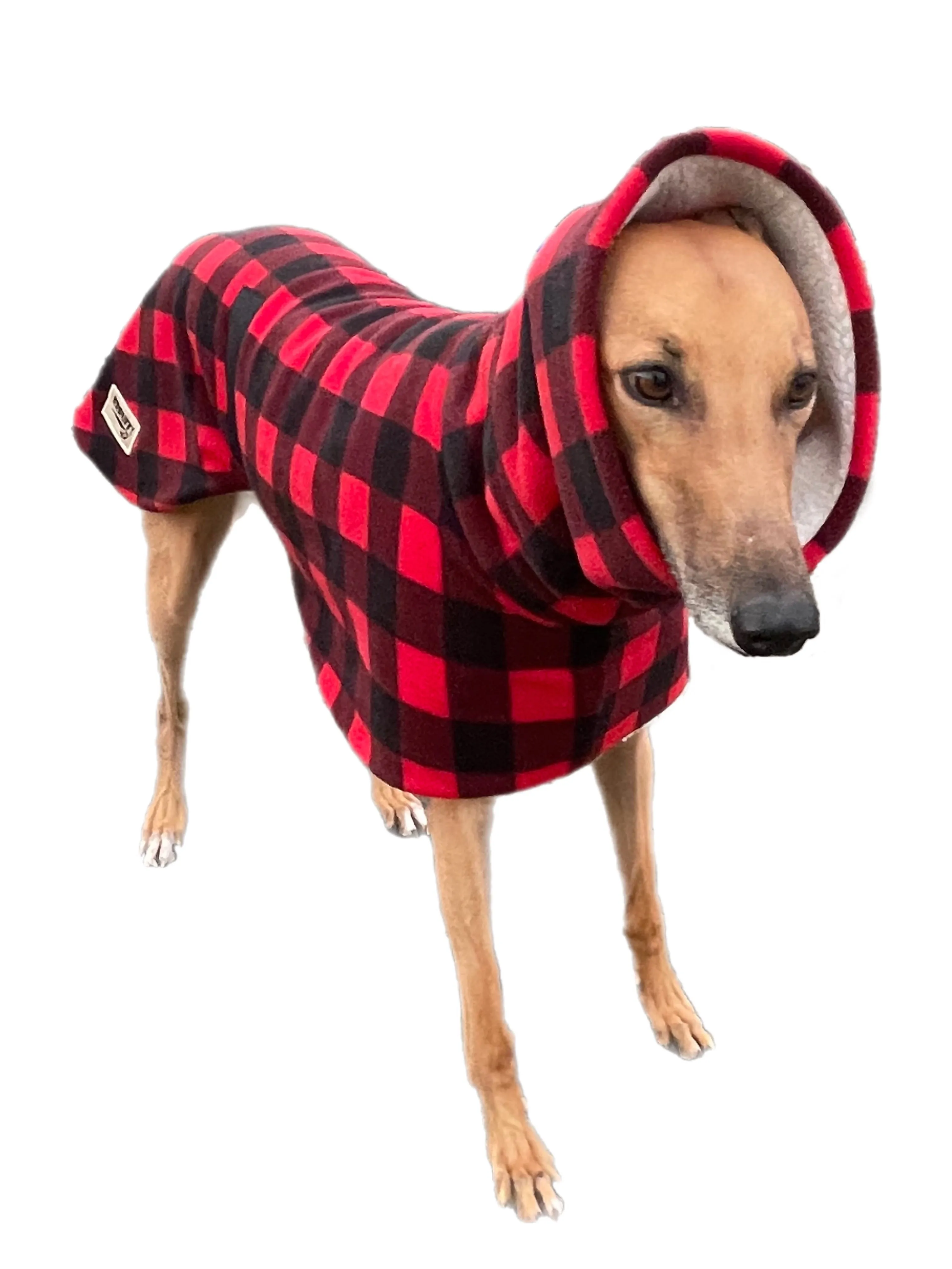 The red Lumberjack Greyhound coat in deluxe style rug red black tartan check  polar fleece washable extra wide neck