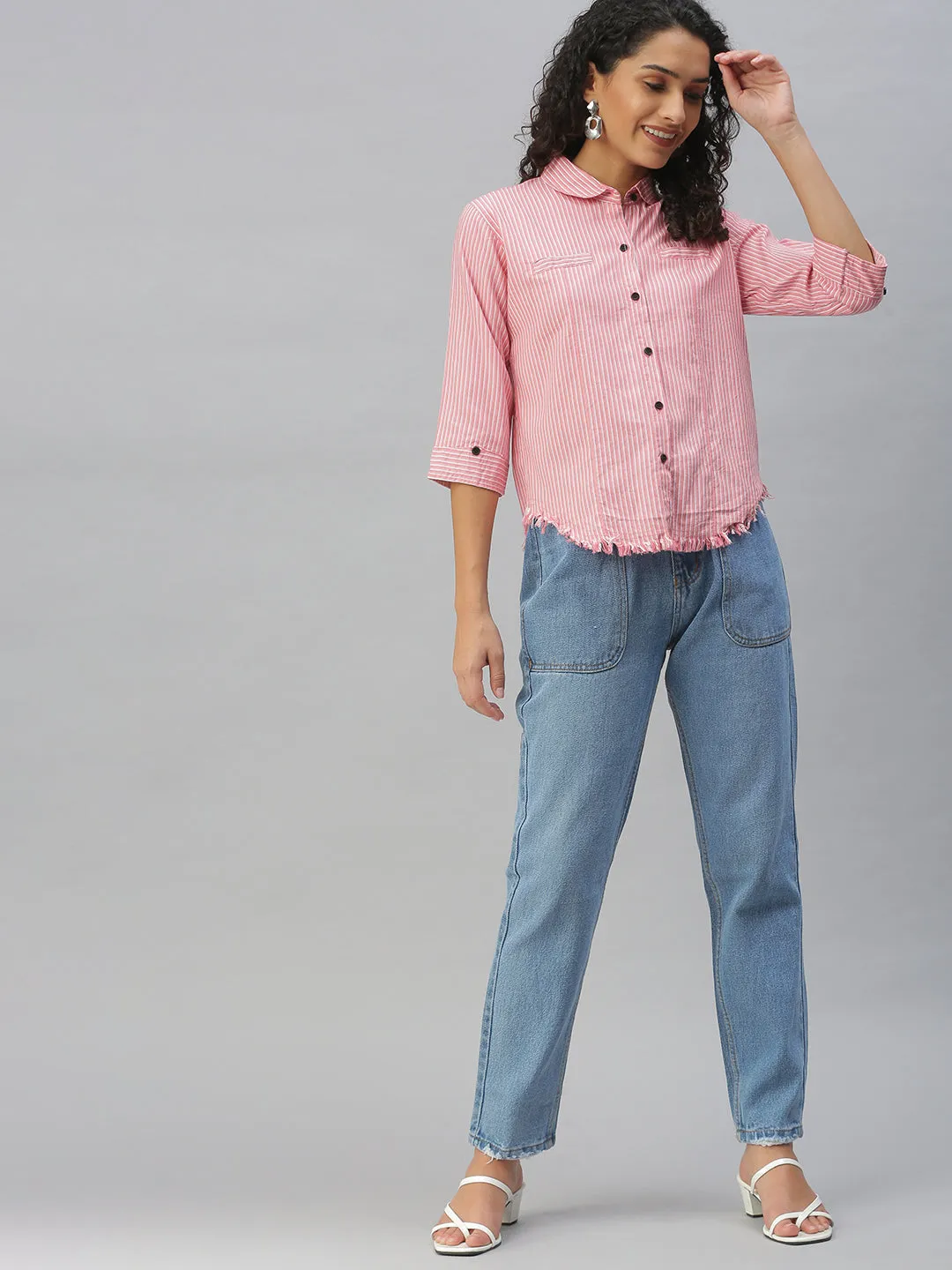 Women Club Collar Striped Pink Shirts