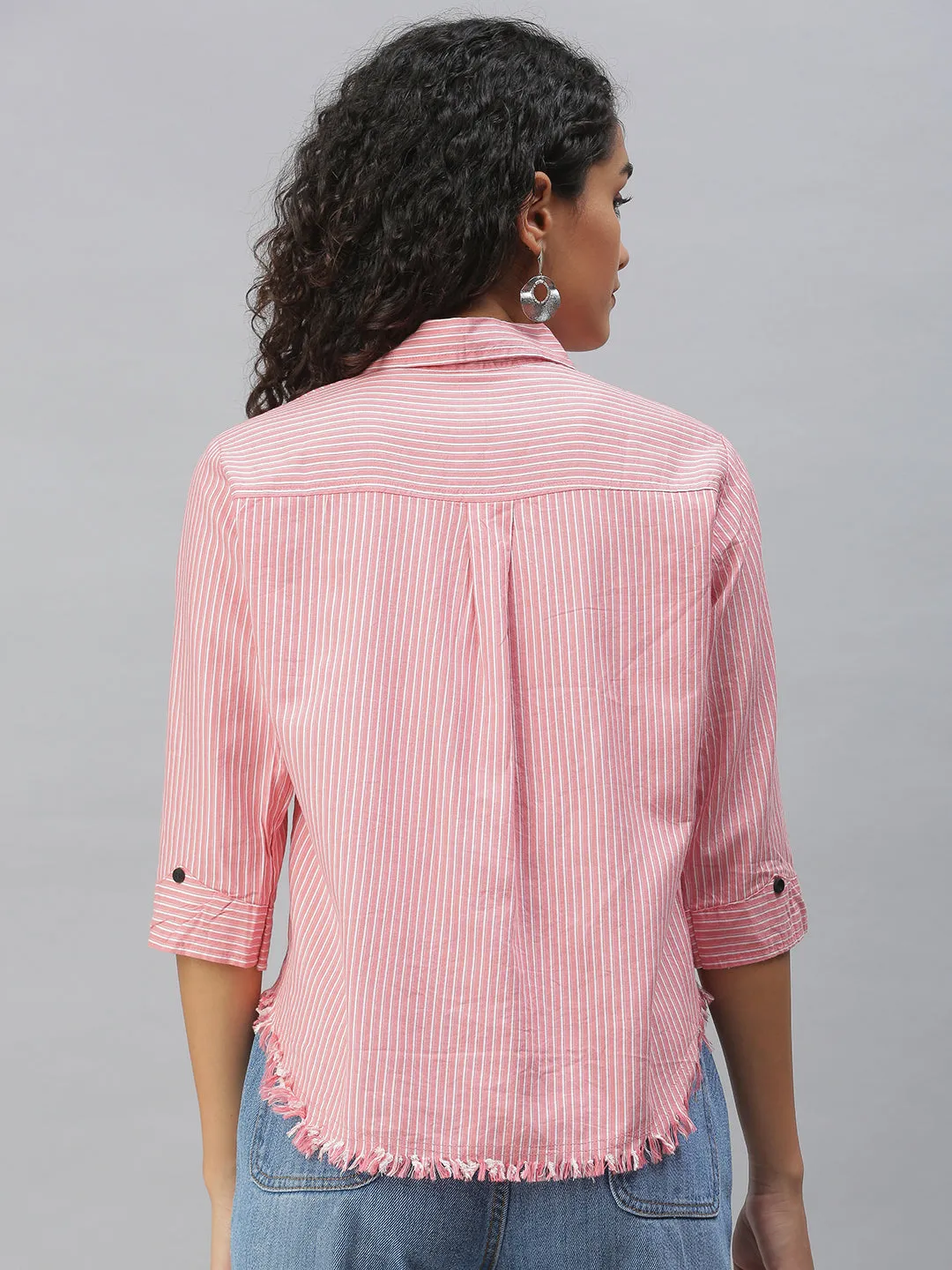 Women Club Collar Striped Pink Shirts