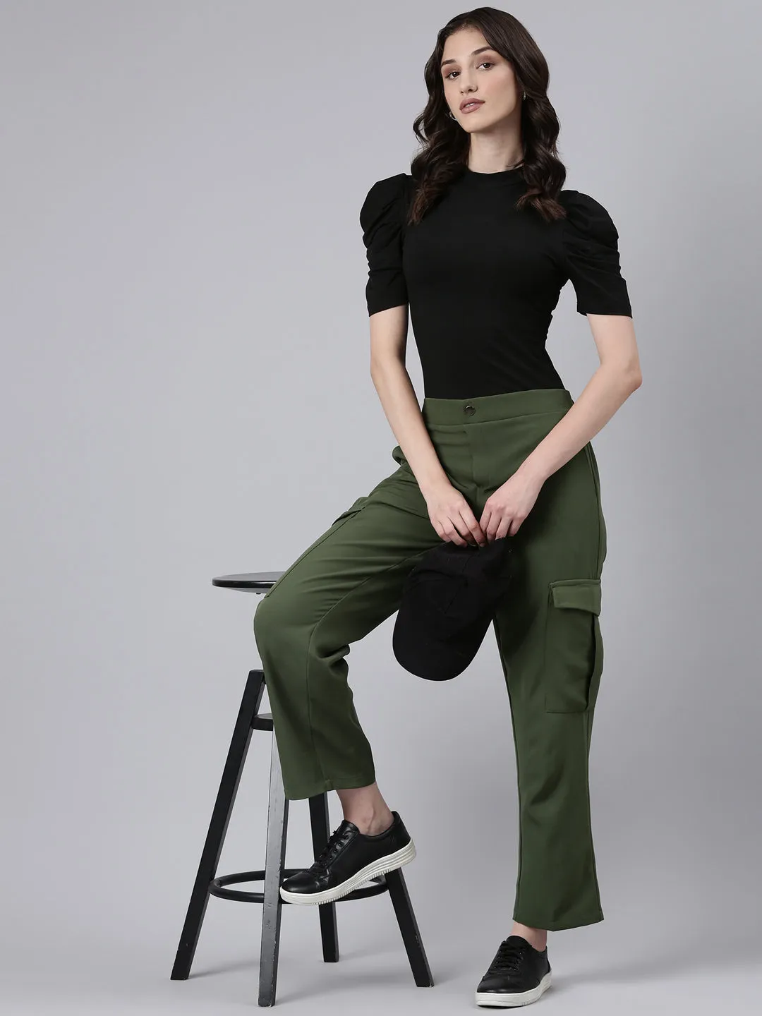 Women Olive Solid Cargos