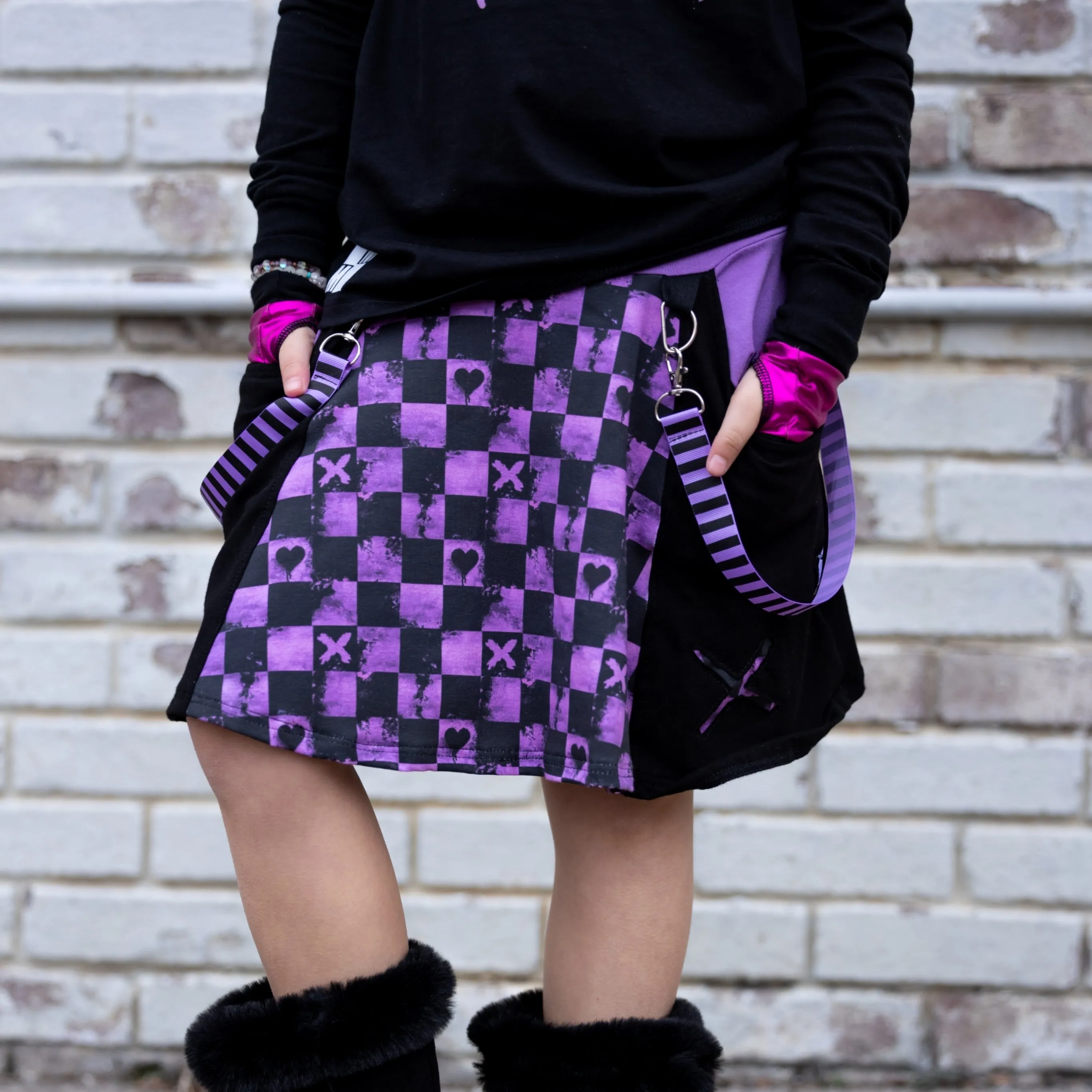 XO Valentine's Twirly Pocket Skirt for girls with Punk Straps